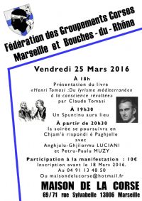 Présentation d'un livre biographique sur le compositeur Henri Tomasi et Polyphonies Corses. Le vendredi 25 mars 2016 à Marseille. Bouches-du-Rhone.  18H00